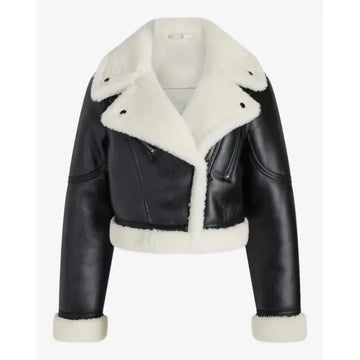 Faux Leather Sherpa Lined Cropped Moto Black Jacket