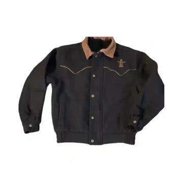 Front view of Houston Rodeo 550 vintage wool black jacket with brown collar and western-style stitching