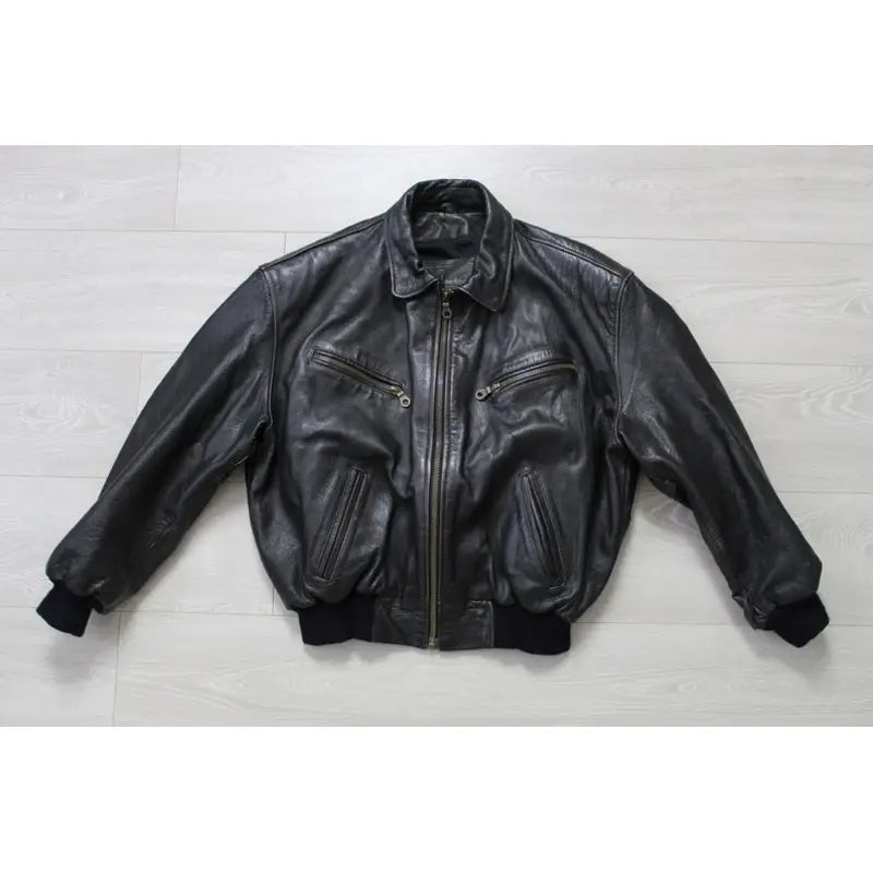 90s American Flag Leather Black Bomber Jacket
