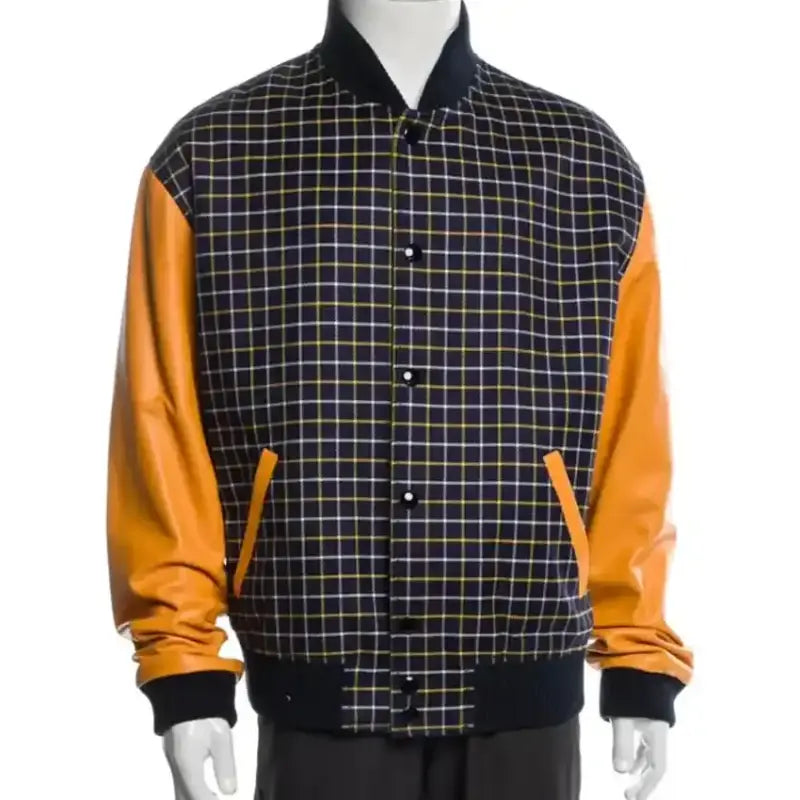 Back view of Access Hollywood Mart J. Blige checkered varsity jacket with orange genuine leather sleeves