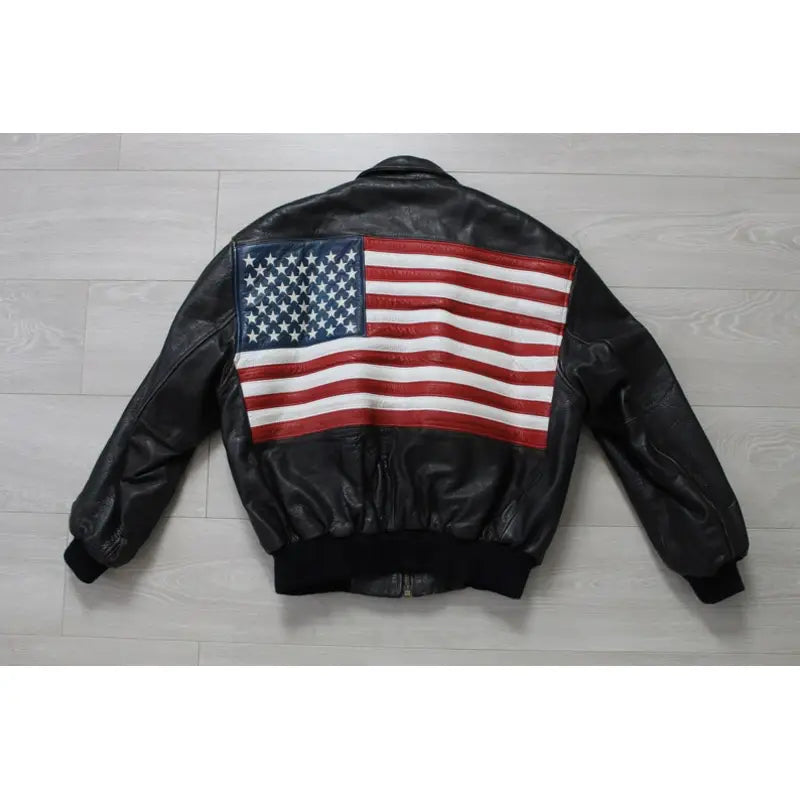 90s American Flag Leather Black Bomber Jacket