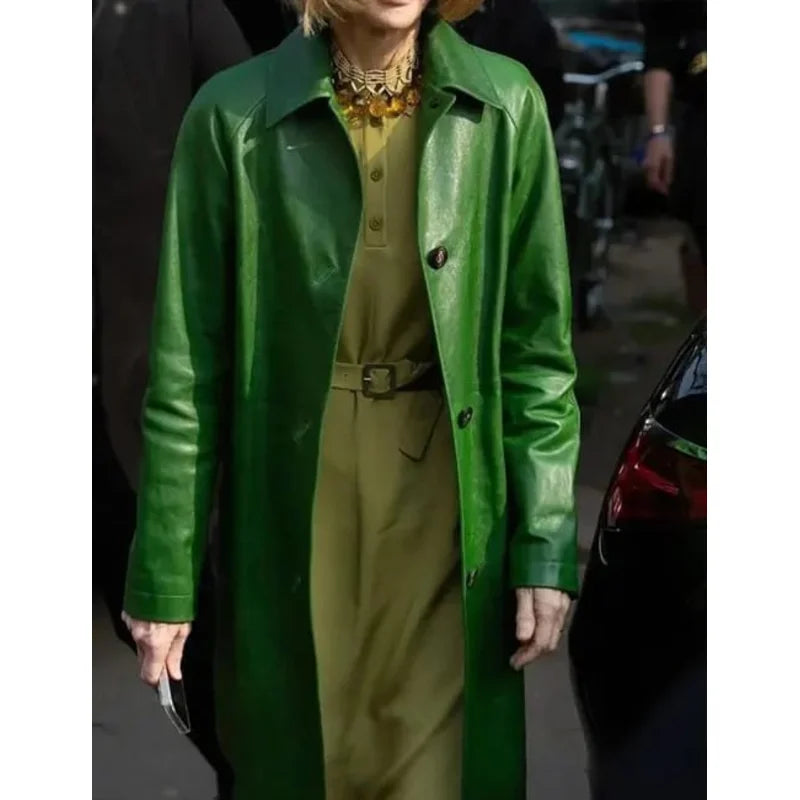Anna Wintour Green Leather Coat