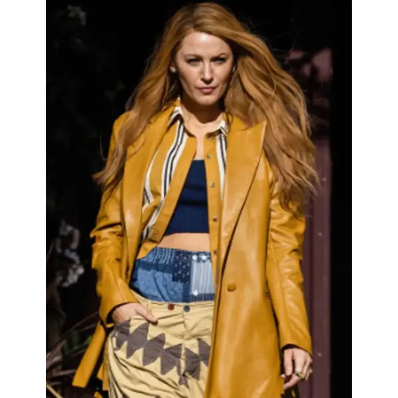 It Ends With Us 2024 Blake Lively Mustard Leather Coat