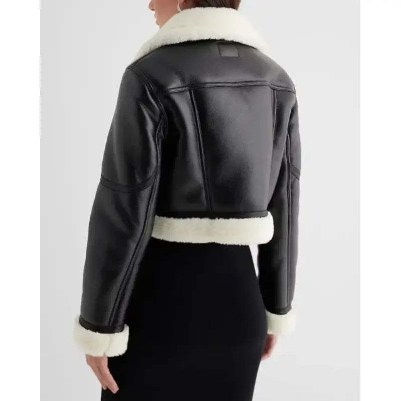 Faux Leather Sherpa Lined Cropped Moto Black Jacket