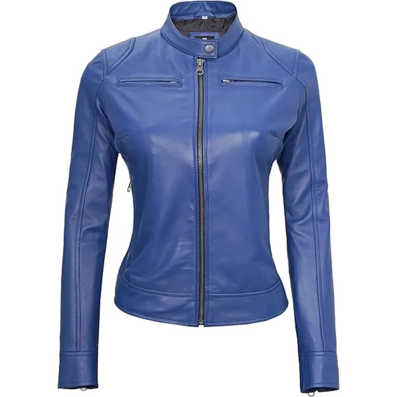 Cafe Racer Blue Womens Leather Jacket