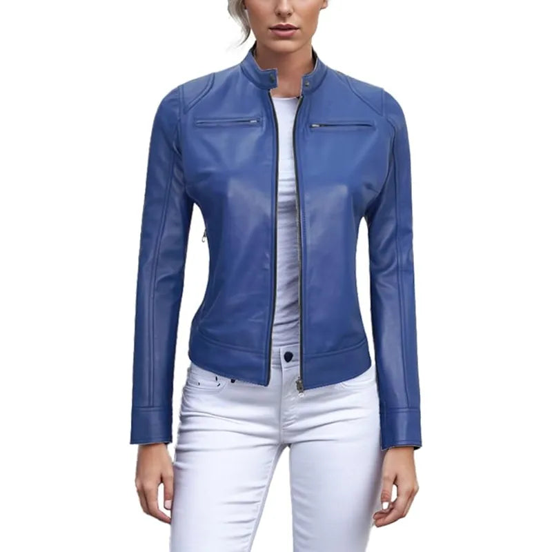 Cafe Racer Blue Womens Leather Jacket