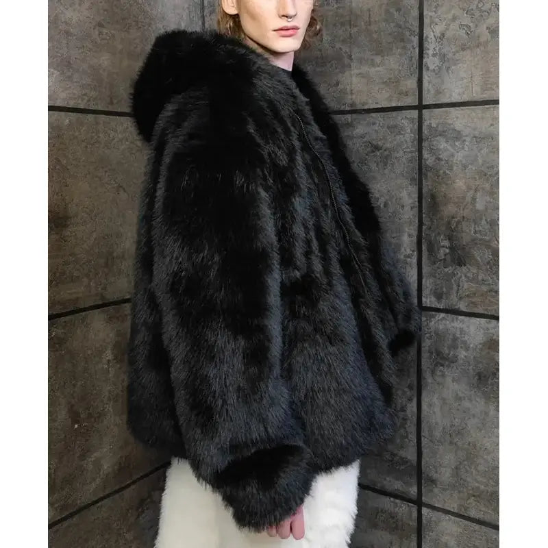 Cassius Faux Mink Fur Removable Sleeves Black Coat