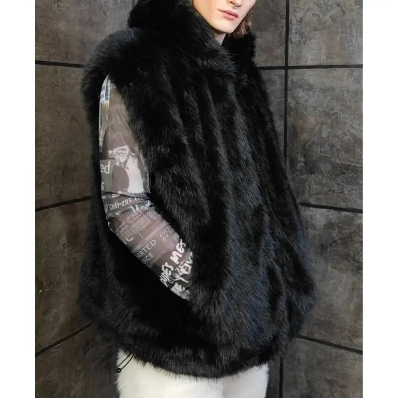 Cassius Faux Mink Fur Removable Sleeves Black Coat