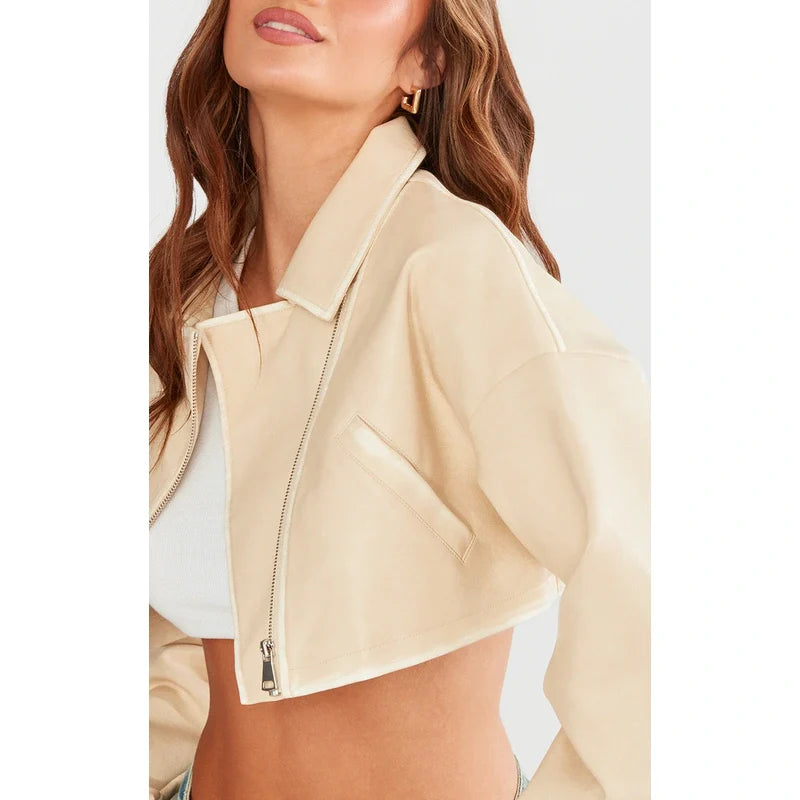 Cropped Boxy Cream Worn Leather Jacket