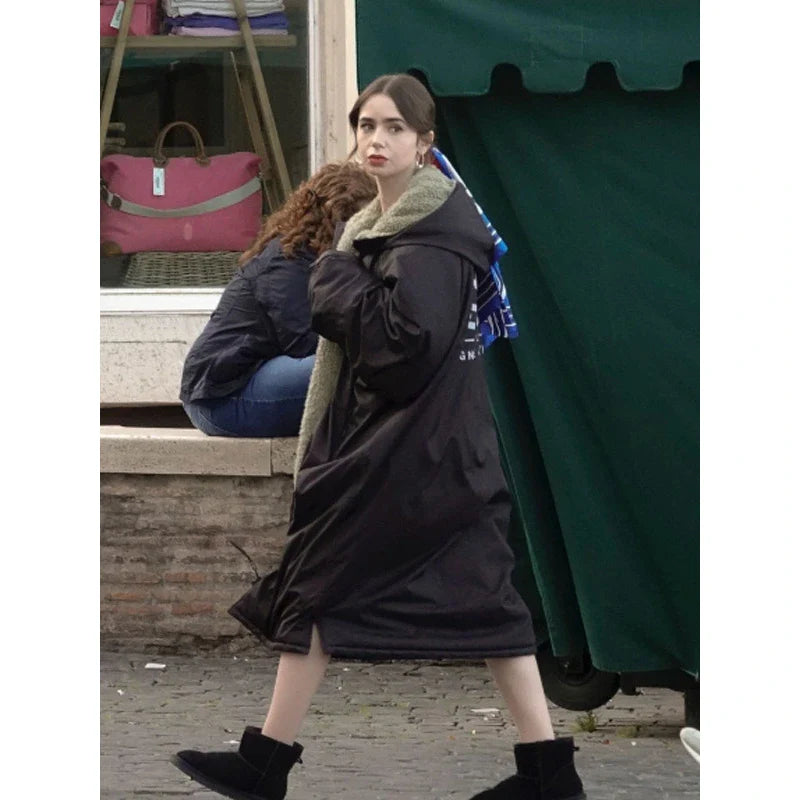 Lily Collins Emily In Paris S04 Black Hooded Trench Coat