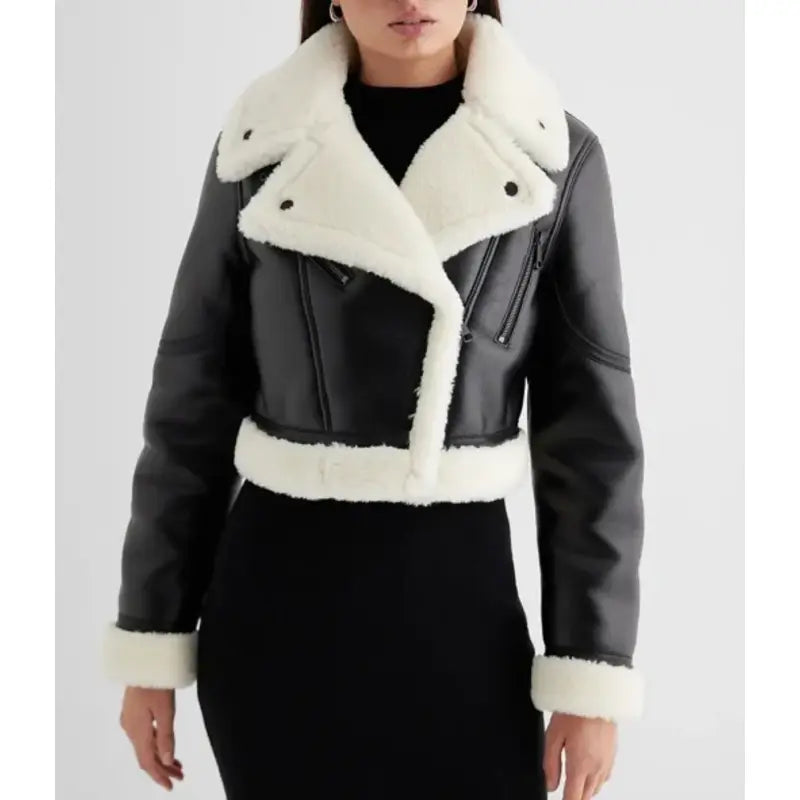 Faux Leather Sherpa Lined Cropped Moto Black Jacket