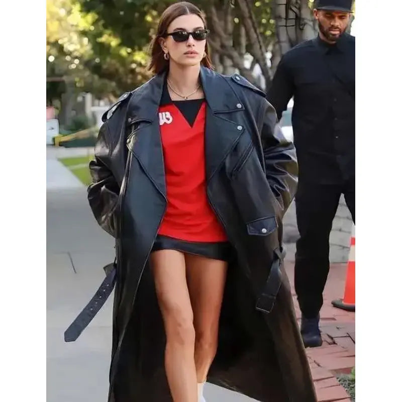 Hailey Bieber Los Angeles Street Style Black Leather Trench Coat