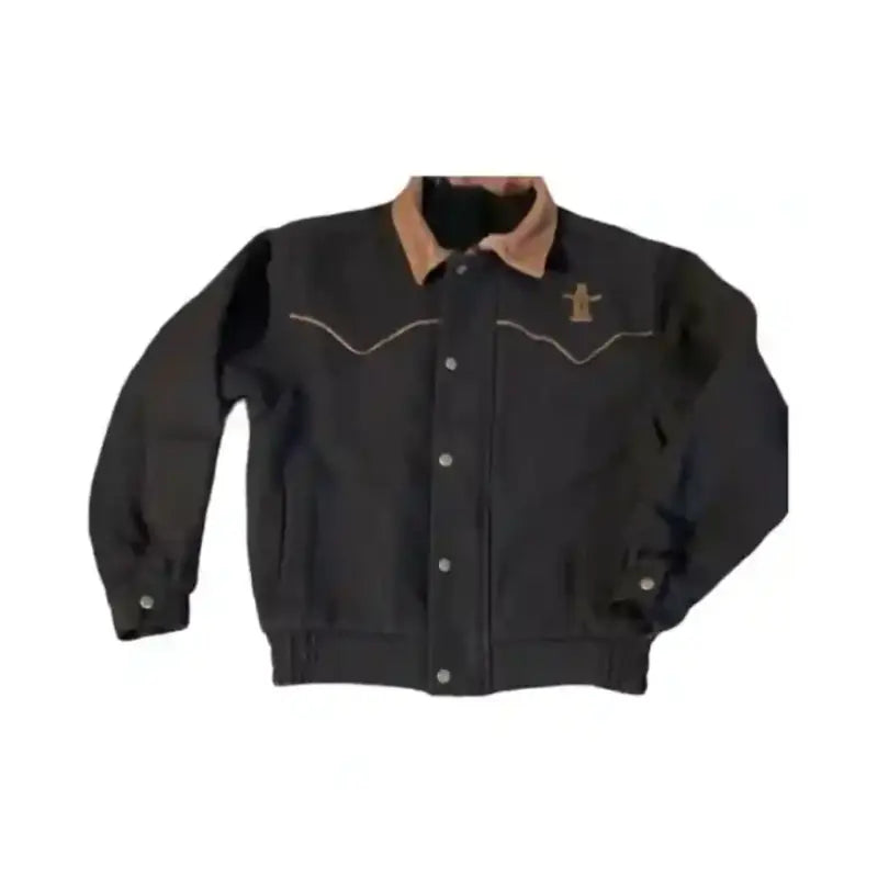 Front view of Houston Rodeo 550 vintage wool black jacket with brown collar and western-style stitching