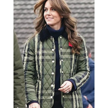 Kate Middleton Quilted Plaid Green Checked Jacket