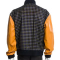 Back view of Access Hollywood Mart J. Blige checkered varsity jacket with orange genuine leather sleeves