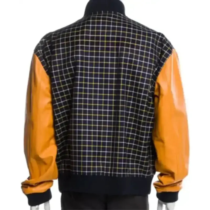 Back view of Access Hollywood Mart J. Blige checkered varsity jacket with orange genuine leather sleeves