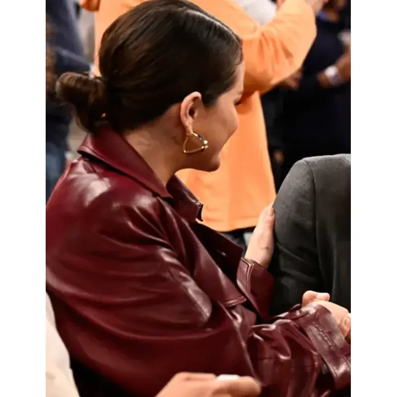Selena Gomez Knicks Game Leather Coat