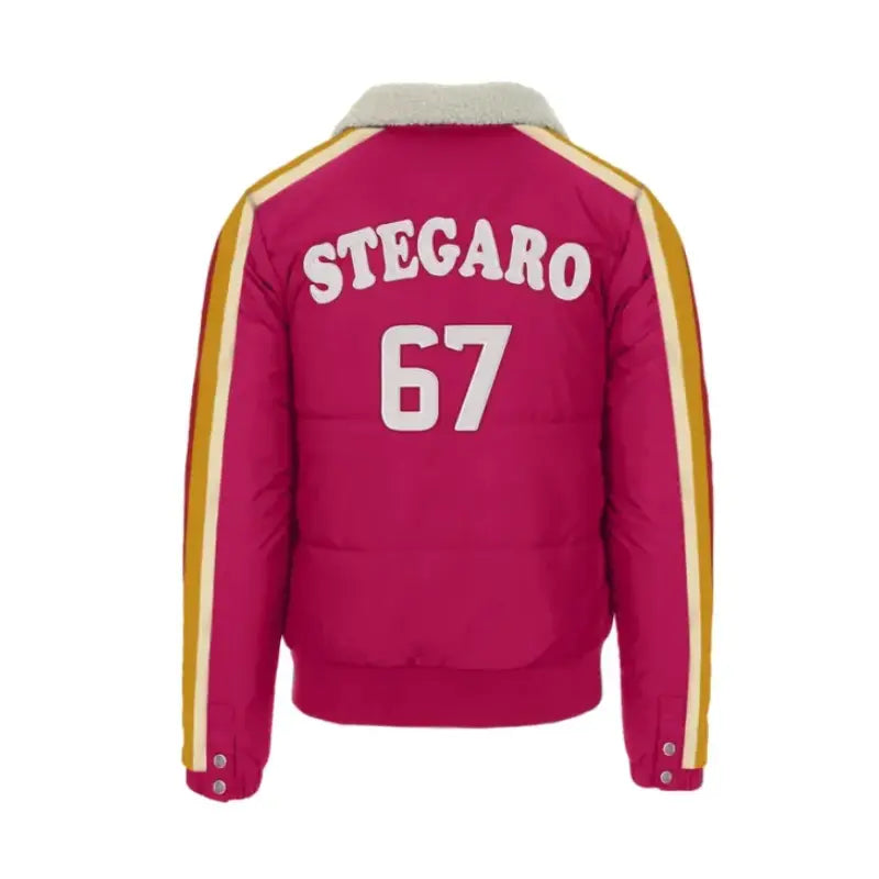Front view of Stegaro Puffer Pink Fur Jacket featuring soft pink puffer fabric and fur collar details.
