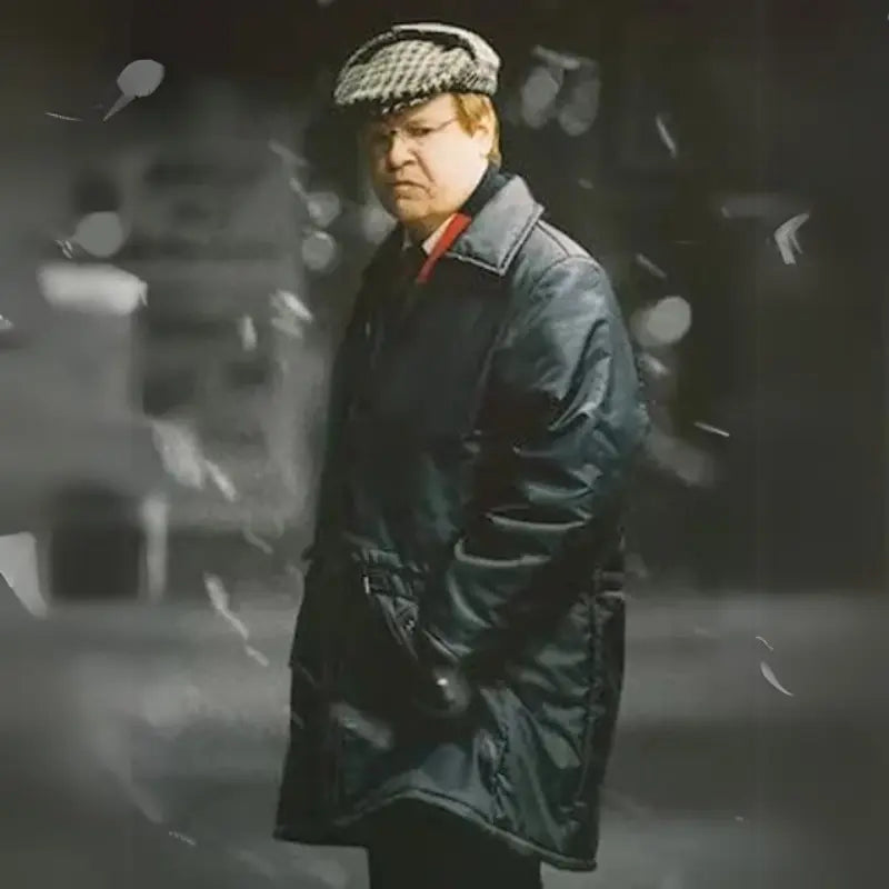 Stig Engström from The Unlikely Murderer wearing a dark coat with a checkered cap.
