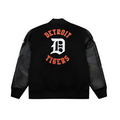 Back view of Detroit Tigers varsity jacket highlighting full-length sleeves
