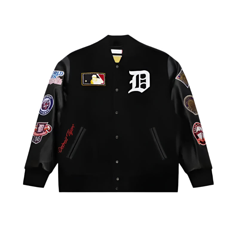Detroit Tigers vintage varsity jacket featuring embroidered team logos
