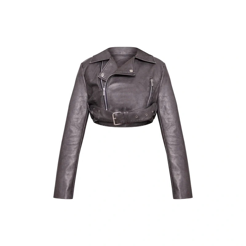 Super Cropped Distressed Belted Biker Jacket