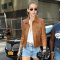 NYC Gigi Hadid brown leather moto jacket front view
