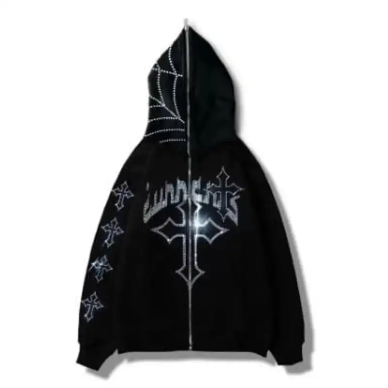Y2k Rhinestone Cross Hoodie